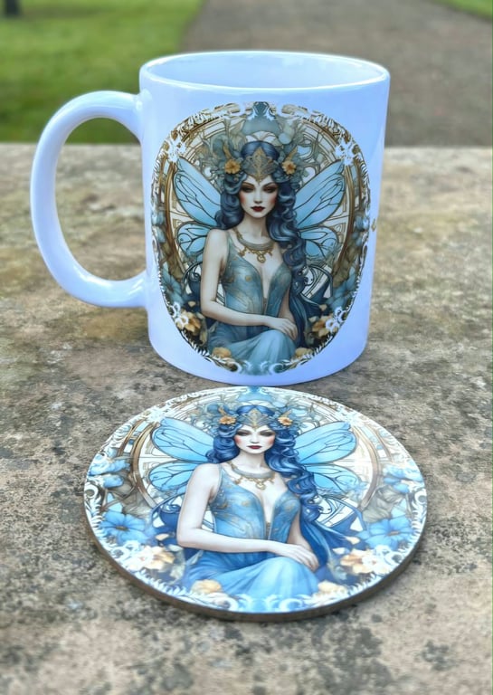 Blue Fairy Mug & Matching Coaster Gift Set – Fantasy Fairy Design