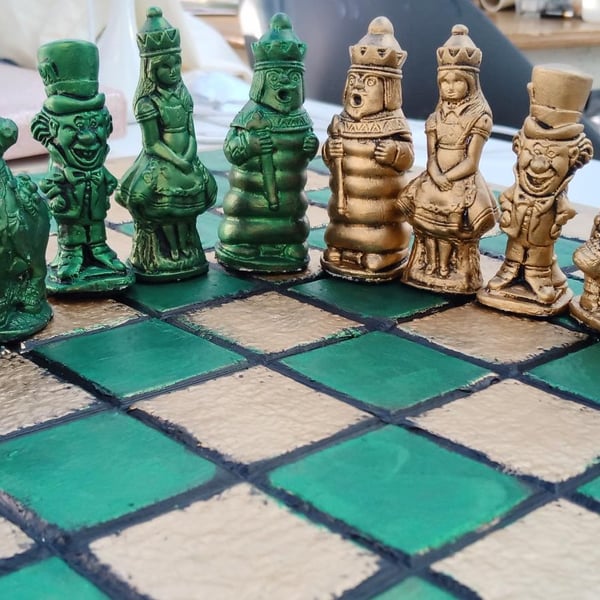 Bespoke Chess Set, Alice in Wonderland theme with Matching Chessboard