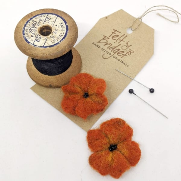 Small orange felted flower brooch