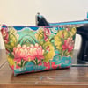 Bright floral velvet large zip pouch kingfisher blue and pink