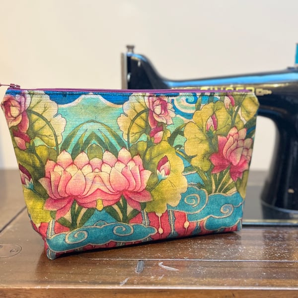 Bright floral velvet large zip pouch kingfisher blue and pink