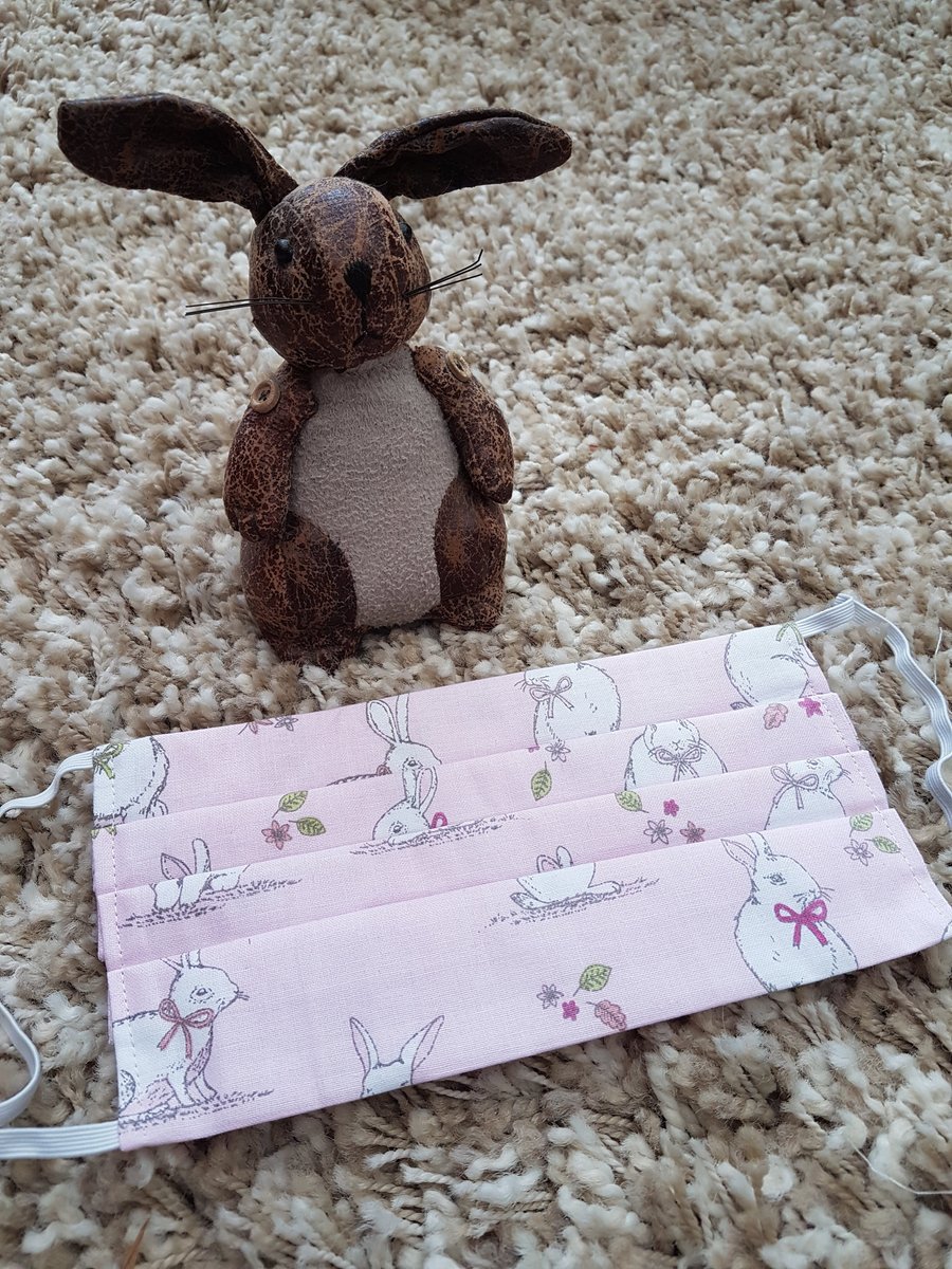 Adult face covering – pink rabbit print material