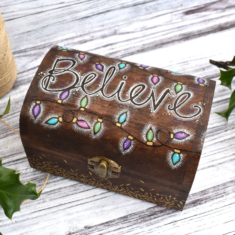 SALE Believe. Pyrography chest with fairy lights design and positive message.