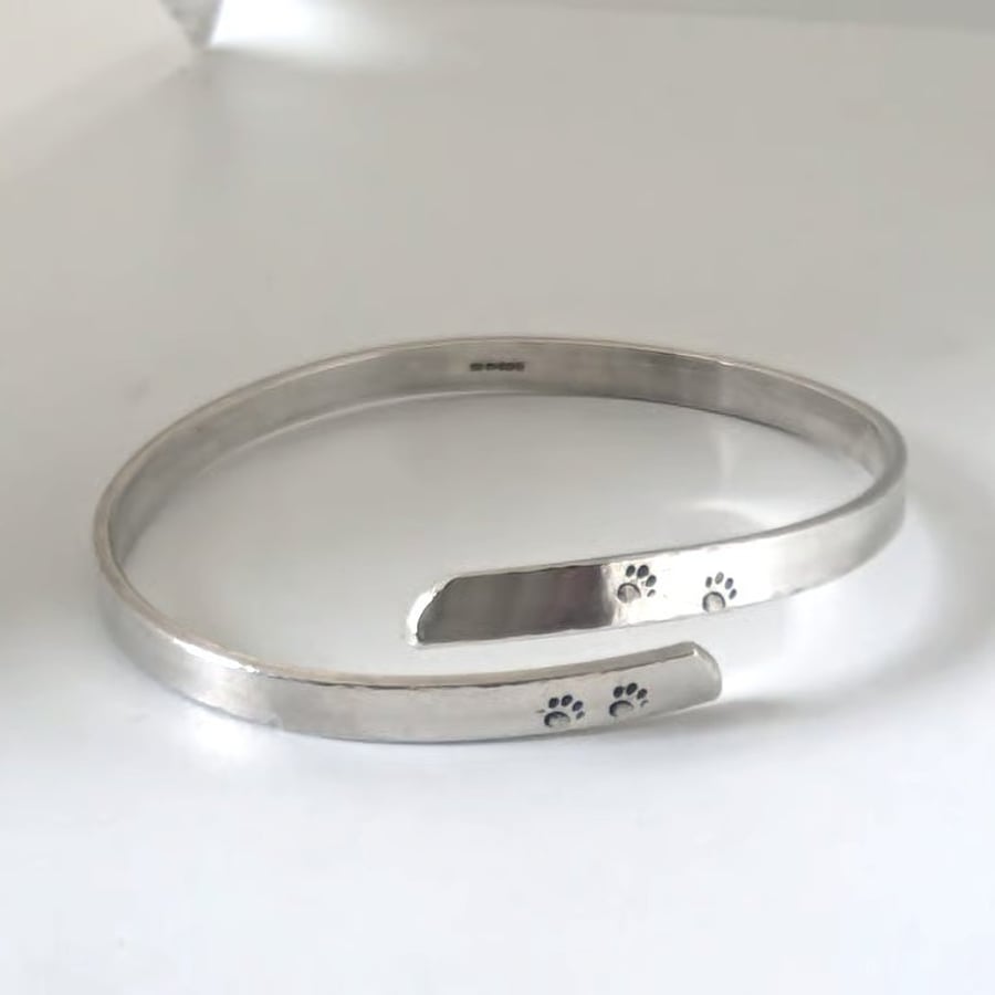 Sterling Silver Bangle, hand-stamped with paw prints