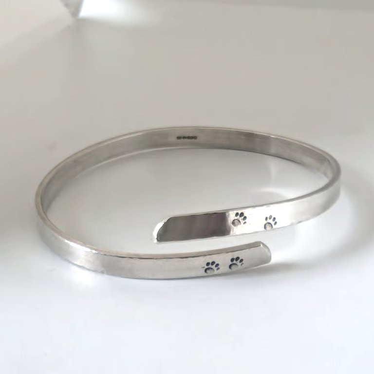 Sterling Silver Bangle, hand-stamped with paw prints
