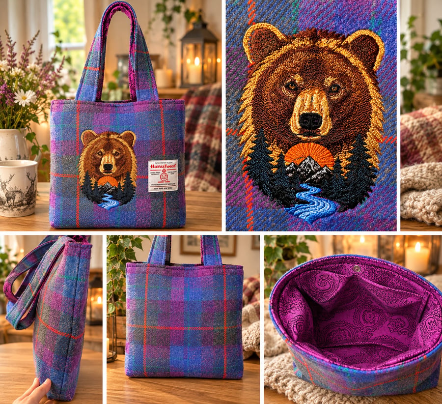 Harris tweed shopper with bear