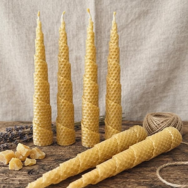Set of 2 Spiral Beeswax Column Candle 20 cm Pure Natural Handmade Candle