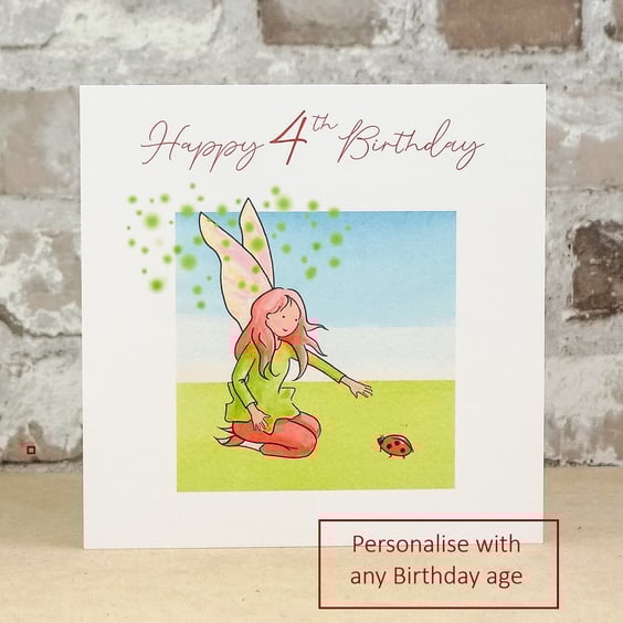 Birthday AGE Card Ladybird Fairy - Personalise with any age eco friendly