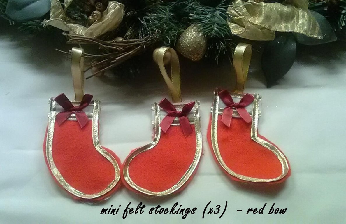 Mini Red Felt Stocking Christmas Tree Decoration with ribbon and gold trim
