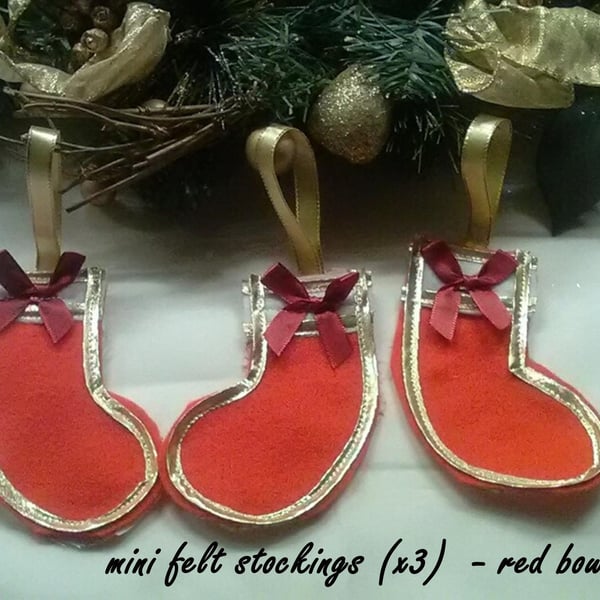Mini Red Felt Stocking Christmas Tree Decoration with gold trim, reusable Fabric
