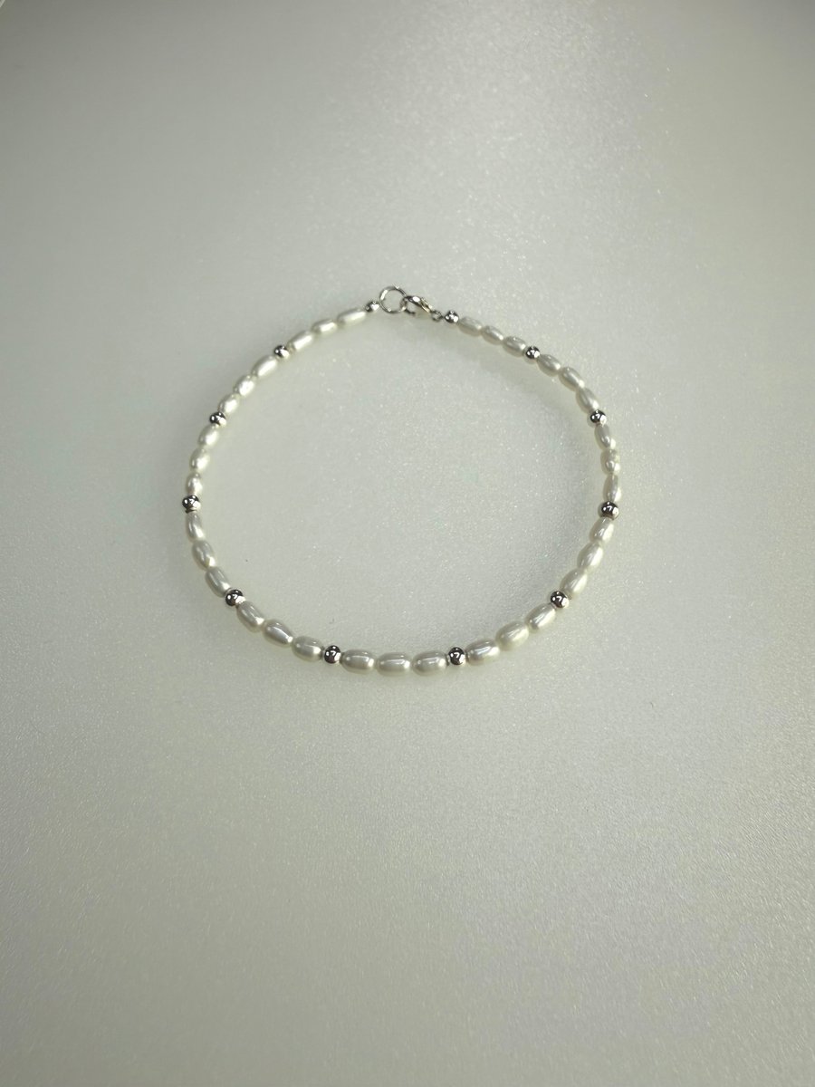 Dainty Sterling Silver and Freshwater Pearl Bead Bracelet  Handmade Elegant Gift