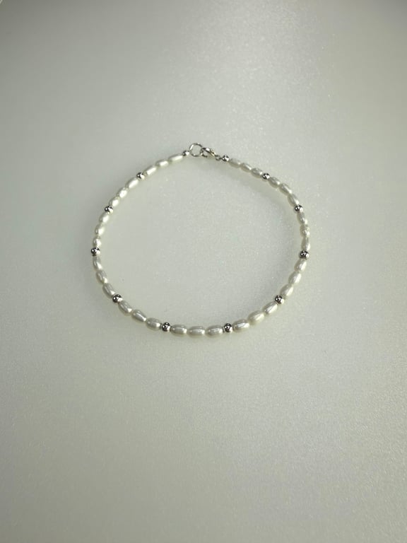 Dainty Sterling Silver and Freshwater Pearl Bead Bracelet  Handmade Elegant Gift