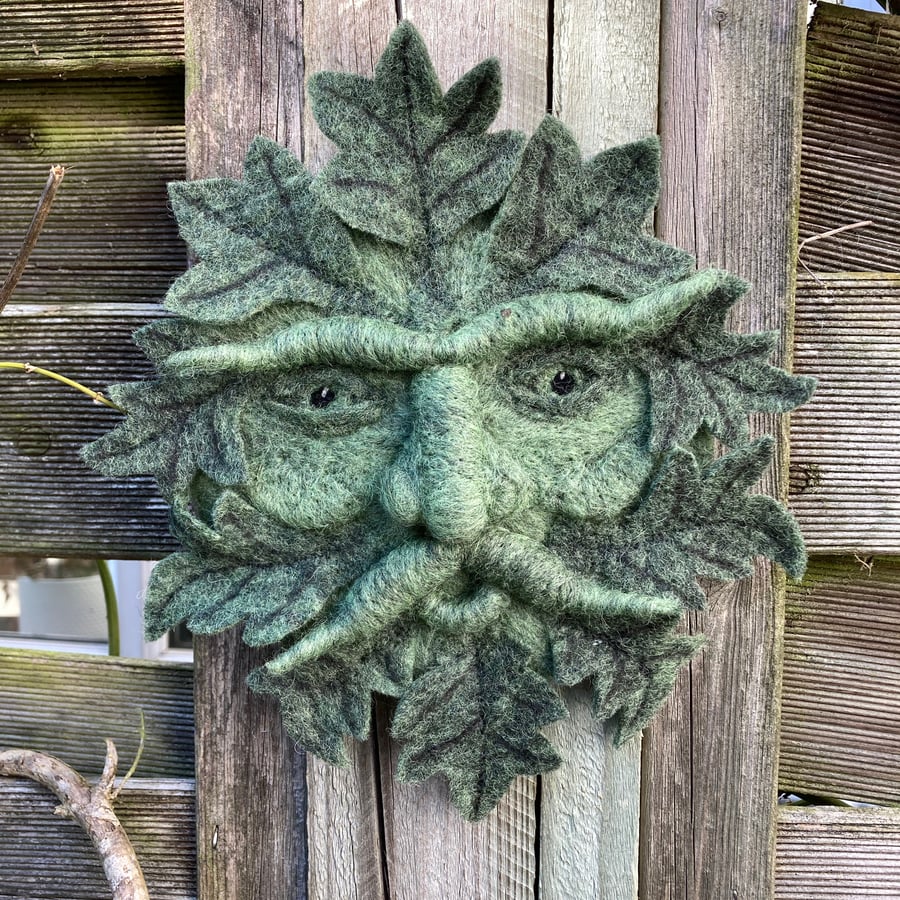 Green man, needle felted woollen sculpture, wall art