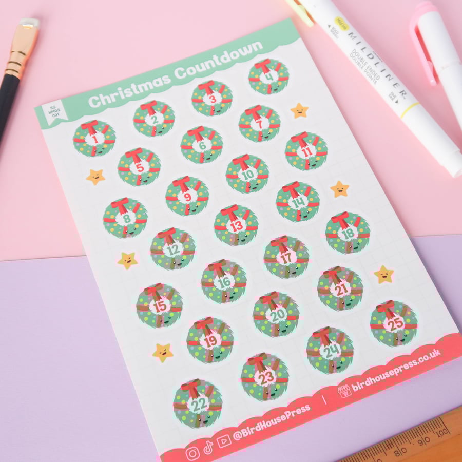Christmas Countdown – Festive Wreath & Star Glossy Sticker Sheet for Journals