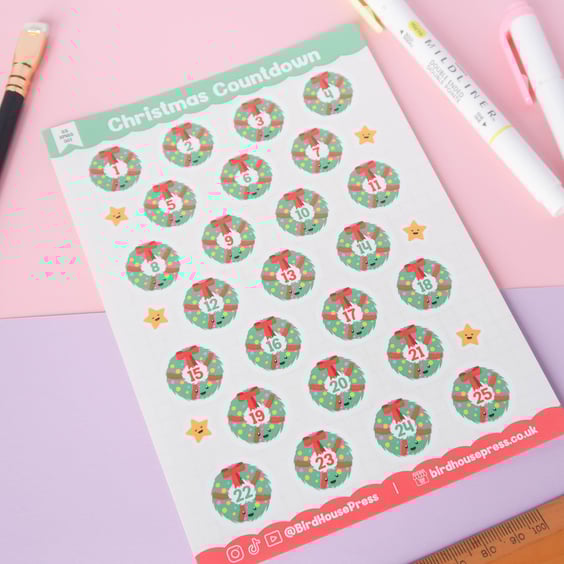 Christmas Countdown – Festive Wreath & Star Glossy Sticker Sheet for Journals