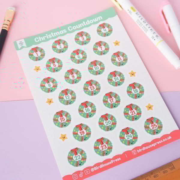 Christmas Countdown – Festive Wreath & Star Glossy Sticker Sheet for Journals