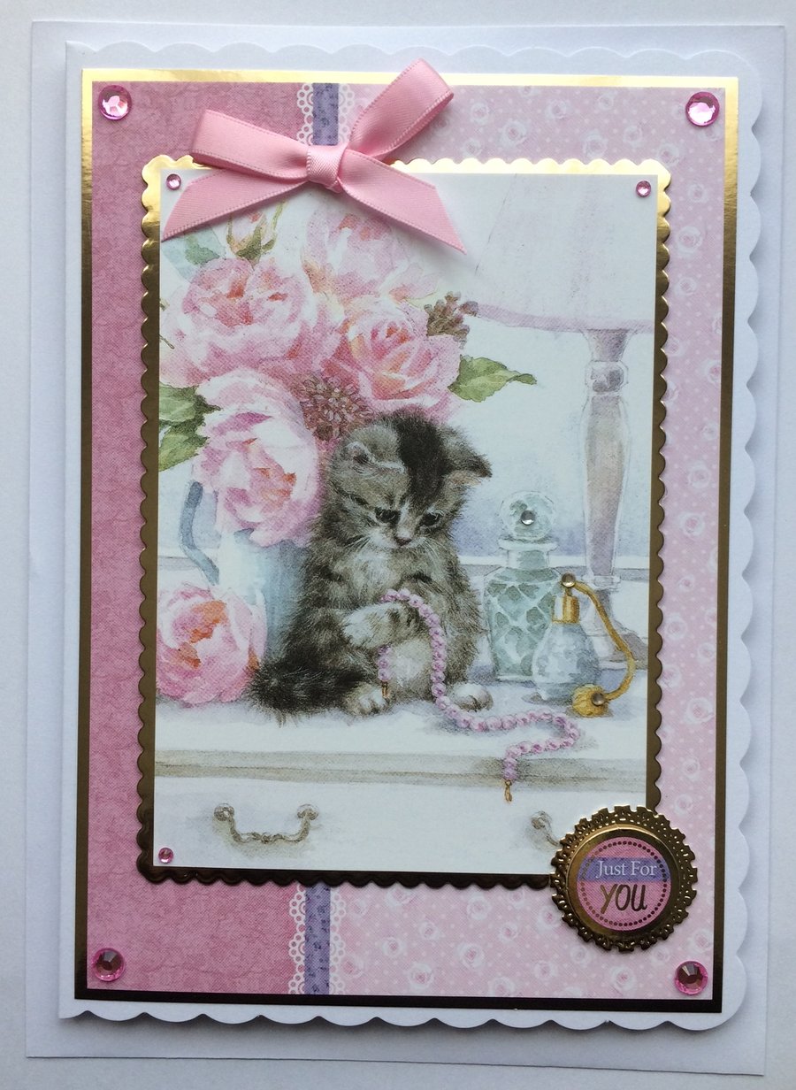 Cat Birthday Card Just for You Cute Cat Kitten Jewellery Necklace Flowers