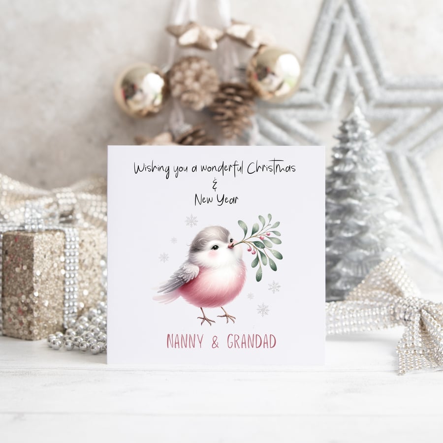 Christmas card with pink watercolour robin bird personalised 
