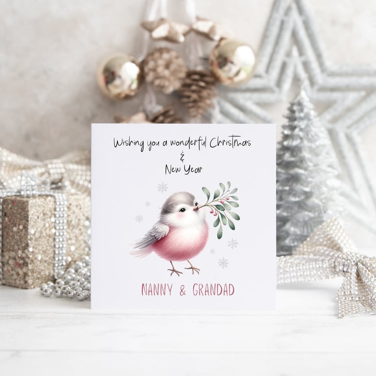 Christmas card with pink watercolour robin bird personalised 