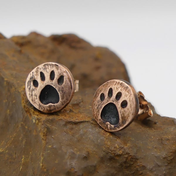 Recycled Copper Paw Print Stud Earrings.