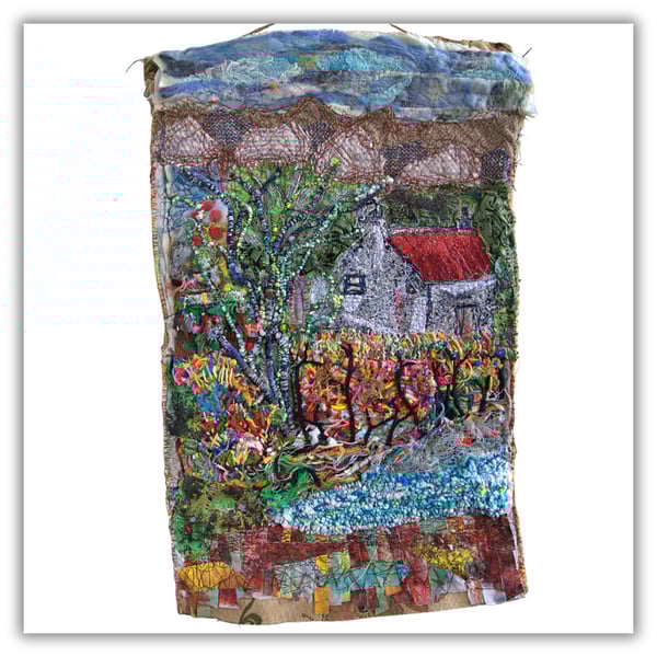 Textile art - boathouse - landscape - ready to hang - needlework