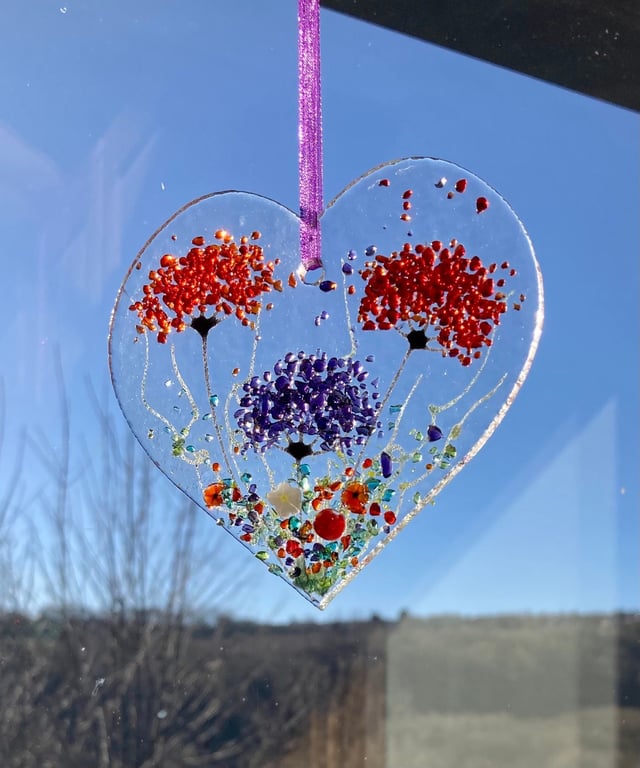Floral Love heart fused glass hanging sun catcher