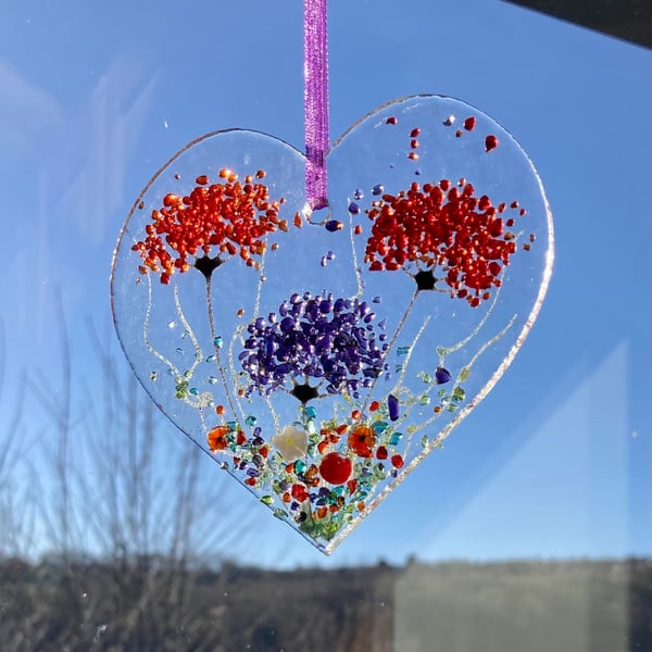 Floral Love heart fused glass hanging sun catcher