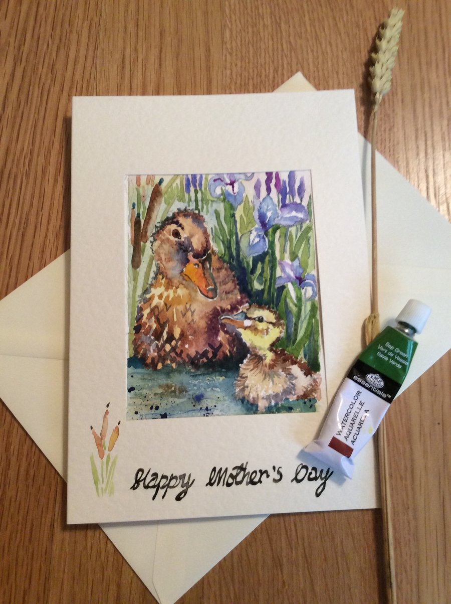 Original handpainted Mother's Day card of mother duck with duckling.