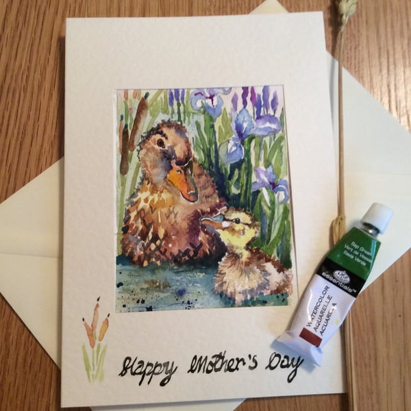Original handpainted Mother's Day card of mother duck with duckling.