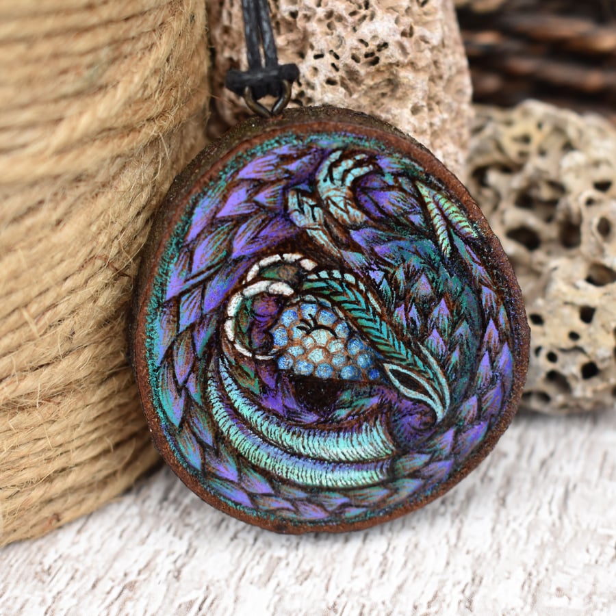 Friendly dragon pyrography pendant. Rustic branch slice wood gift.