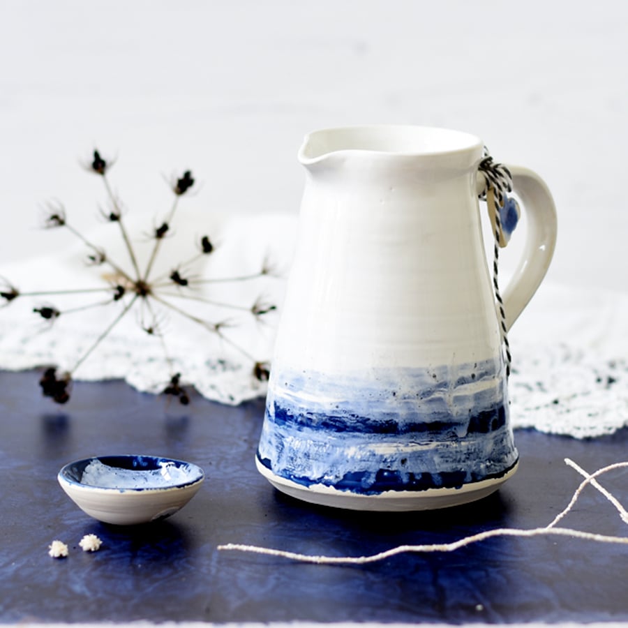 Blue and white ceramic jug - handmade pottery