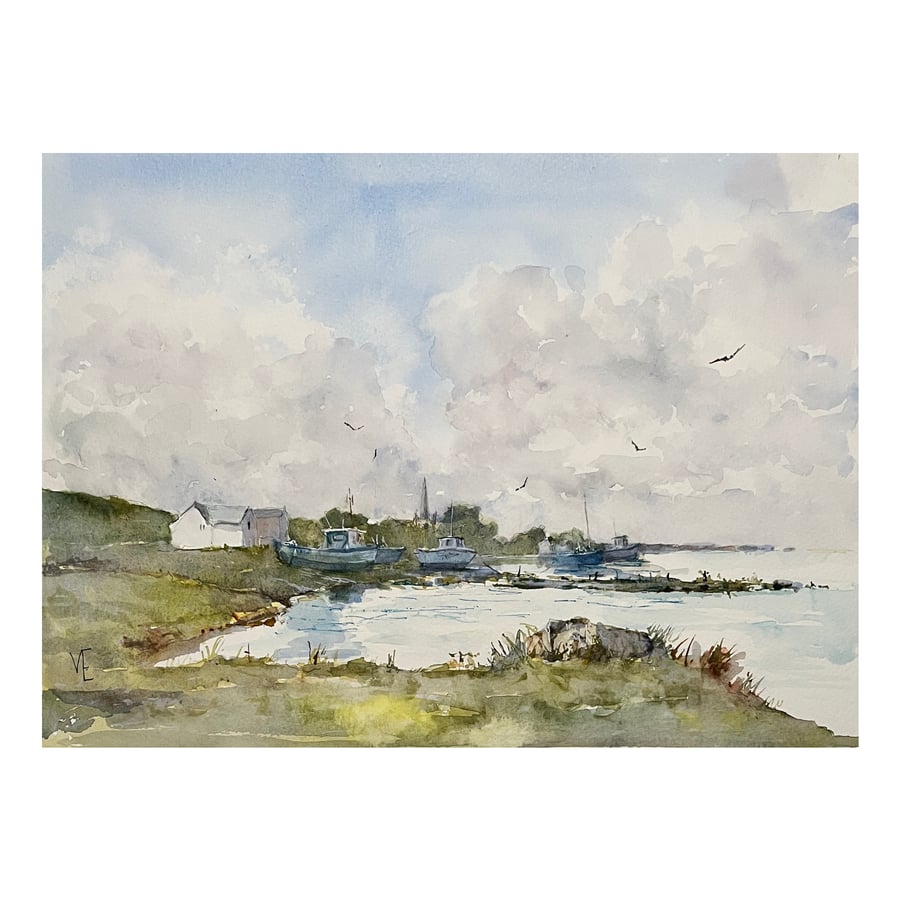 Boats On The Shoreline, an original watercolour painting