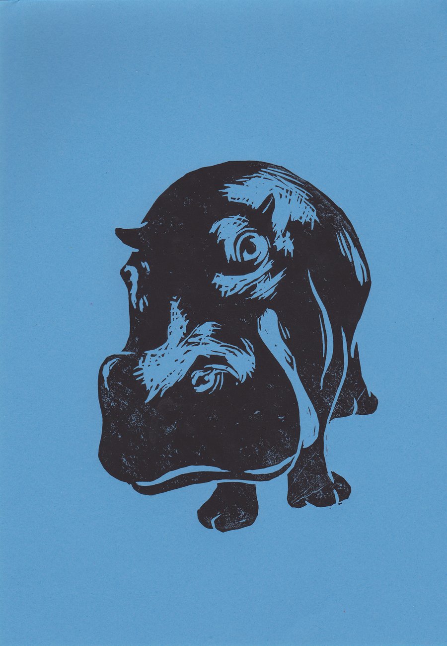 Hippo Open Edition Hand-Pulled Linocut Print Blue