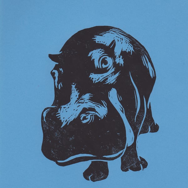 Hippo Open Edition Hand-Pulled Linocut Print Blue