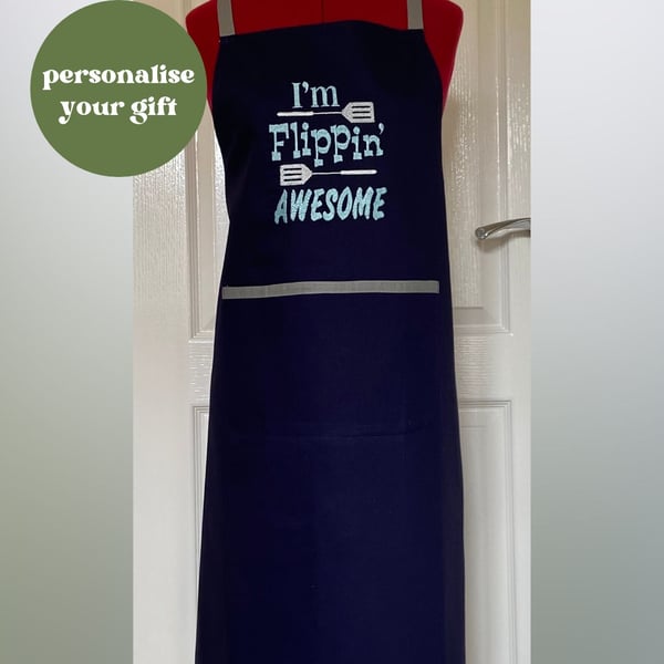 Chef Style Apron In Navy Embroidered with 'I'm Flippin' Awesome'