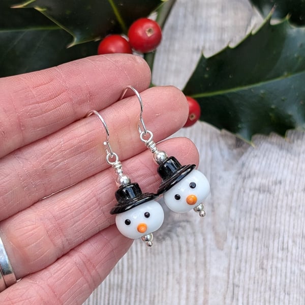 Sterling Silver Christmas Snowman Lampwork Glass Bead Earrings - JBJ1075
