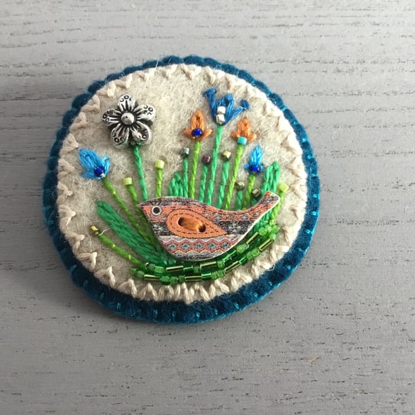 Hand Embroidered Little Bird Brooch