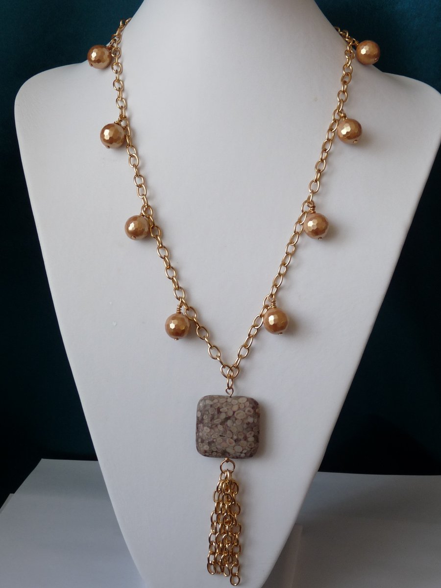 Ocean Fossil Jasper & Shell Pearl Long Necklace  - Handmade