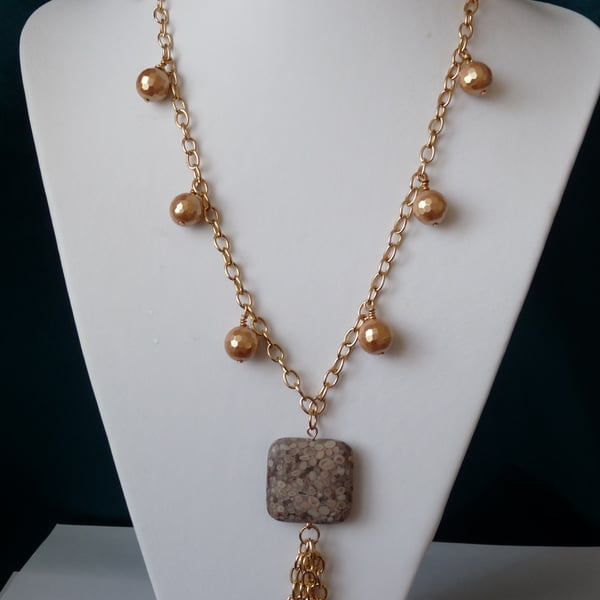 Ocean Fossil Jasper & Shell Pearl Long Necklace  - Handmade