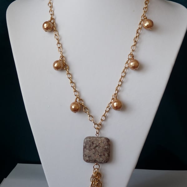 Ocean Fossil Jasper & Shell Pearl Long Tassel Necklace  