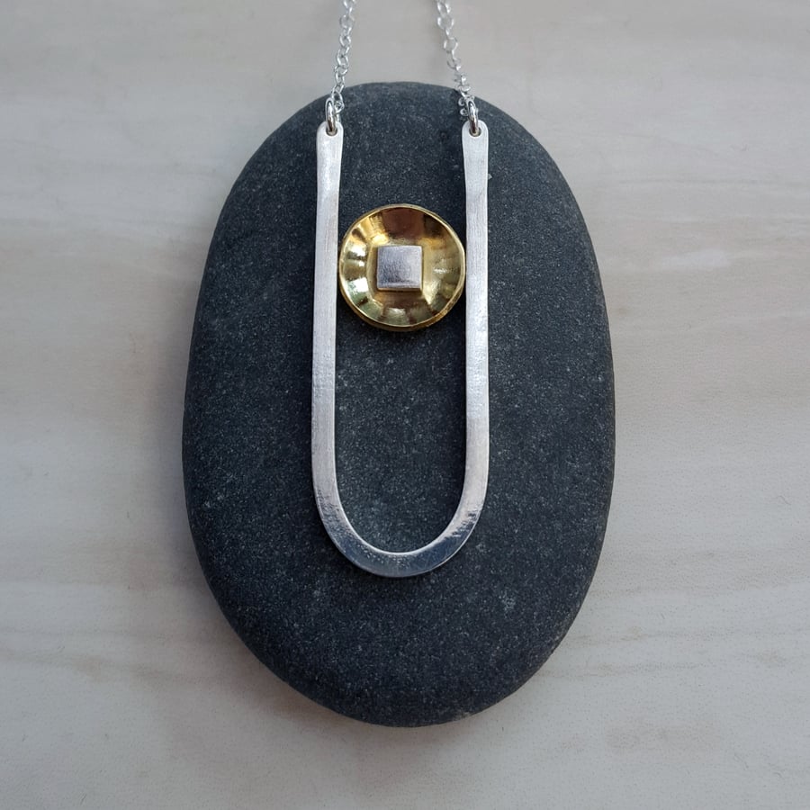 silver bar & brass drop necklace, silver pendant, drop pendant, brass jewellery