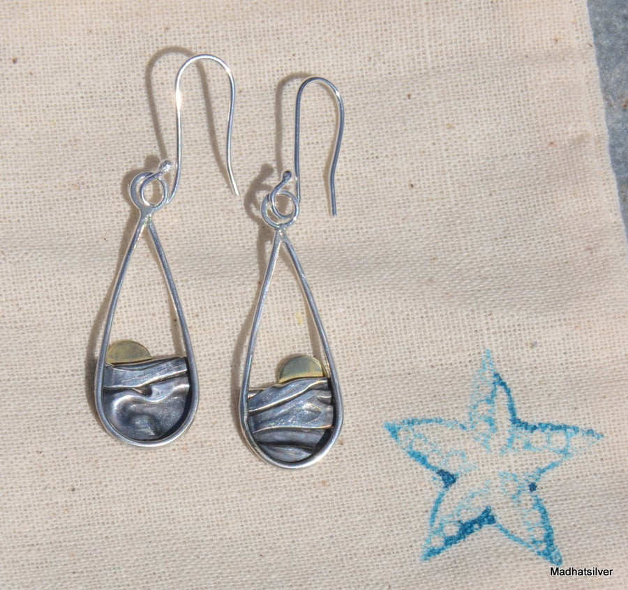 Silver sun rising over the sea or mountain earrings