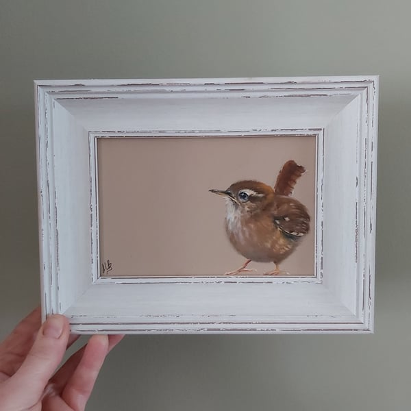 Framed Original Art Soft Pastel Drawing of a Wren 