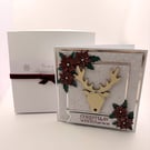 Luxury Handmade Christmas Card - Reindeer, Poinsettias, Boxed Keepsake