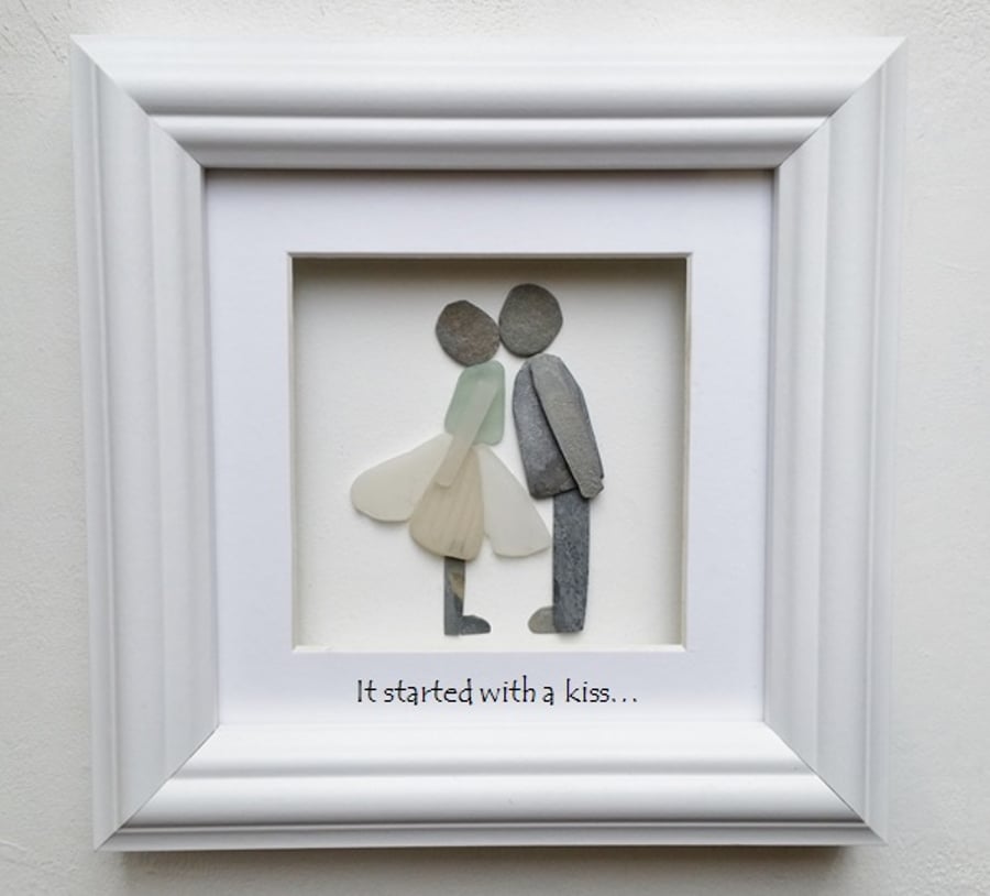 It Started With a Kiss, Pebble Art Picture Kissing Couple Wedding Day Gift