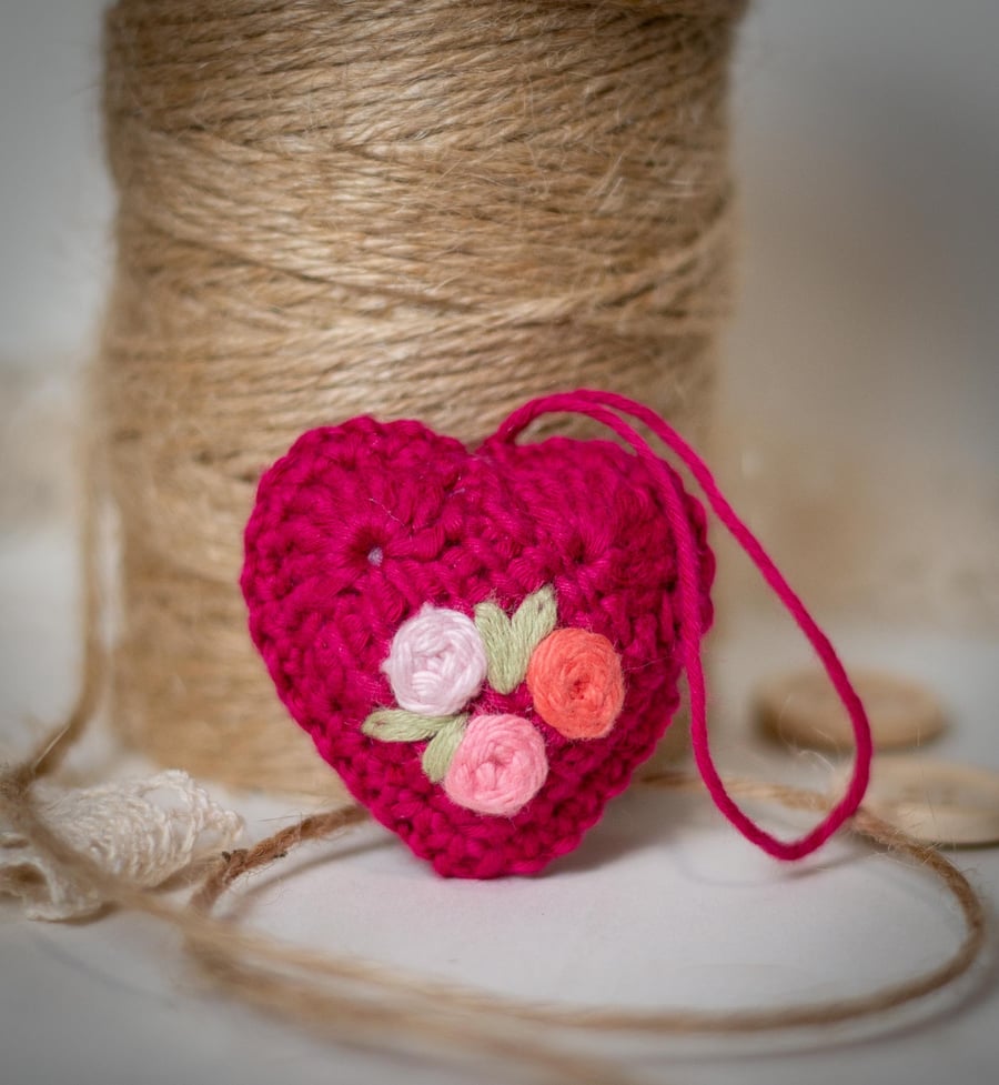 Raspberry Pink Crochet Heart with Embroidery 