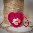 Raspberry Pink Crochet Heart with Embroidery 