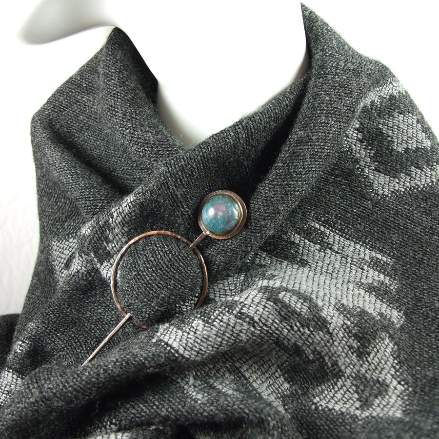 Copper Artisan Shawl Pin Brooch with Blue & Lilac Marbled Cabachon