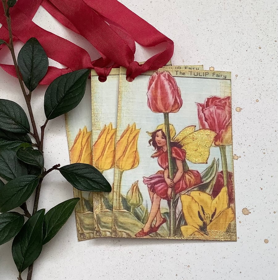 GIFT TAGS ( set of 3 ) vintage style .Flower Fairies - 'Spring Tulips  '.