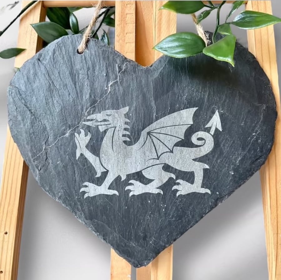 Handmade Welsh Dragon Slate Heart Hanging Decoration.